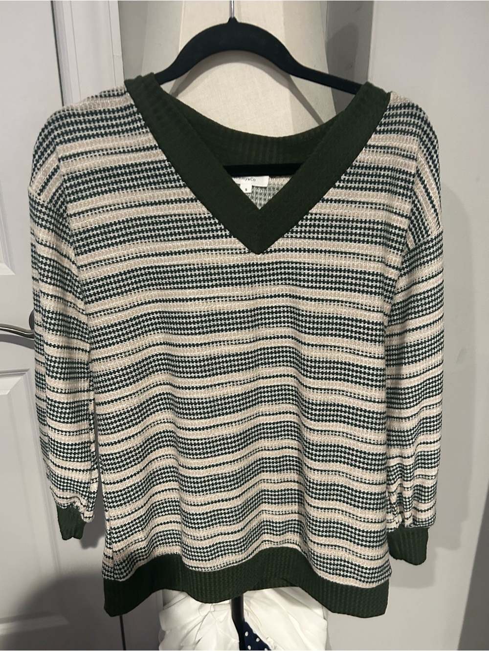 Striped V-Neck Knit Sweater in Olive and Cream